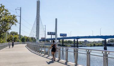 People out enjoying the weather walking or running along the Schuylkill River path near the new pedestrian bridge in Philadelphia last month as a run of sunny, pleasant days was beginning.
