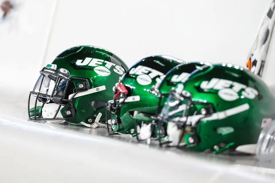 Aug 14, 2021; East Rutherford, New Jersey, USA; New York Jets helmets are seen during the second half of the game between the New York Giants and the Jets at MetLife Stadium. Mandatory Credit: Vincent Carchietta-USA TODAY Sports