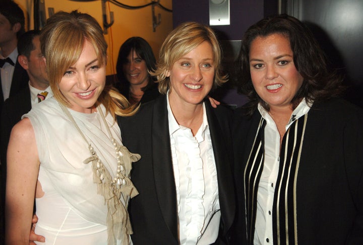 FILE: (Left to right) Portia de Rossi, Ellen DeGeneres and Rosie O'Donnell appear at the 33rd annual Daytime Emmy Awards. O'Donnell said she "felt strongly" about not leaving DeGeneres "out there alone" when she appeared on her talk show in the months prior to her coming out as a lesbian in 1997.