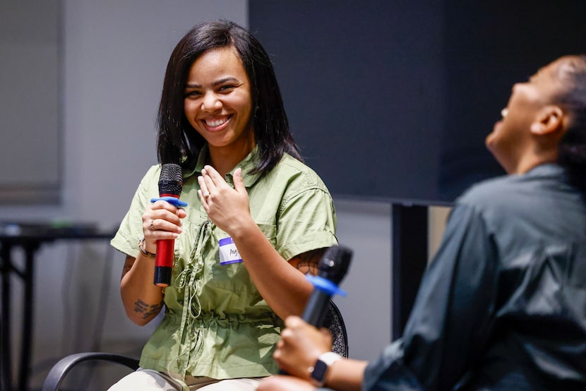 Ayshia Langrum (left) laughs as she talks about her experience with Ascend Dallas’...