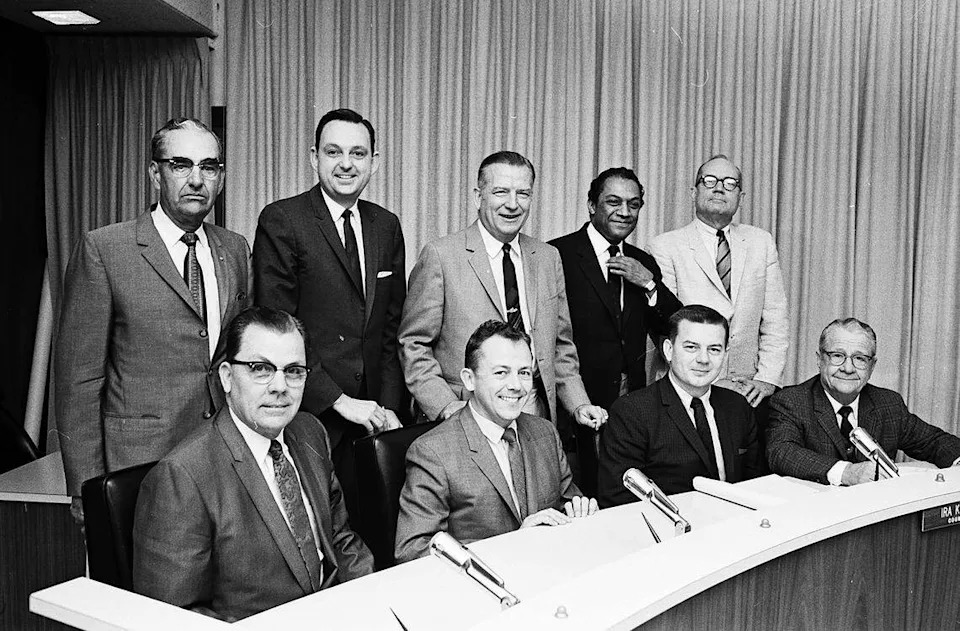 April 10, 1969: Taylor Gandy, newly elected to the Fort Worth City Council, is seated third from the left. Others seated in the photo are, left to right, Ted C. Peters, Jess M. Johnson Jr. and W. S. (Watt) Kemble Jr.; standing are Ira Kersnick, Bill Sarsgard, Mayor R. M. (Sharkey) Stovall, Dr. Edward Guinn and Dr. Fred Rehfeldt.