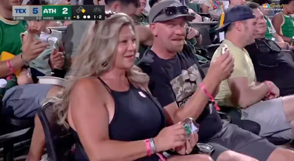 Two fans were shown in a sexual act during the A’s-Rangers game on Aug. 30, 2025. X / @JomboyMedia