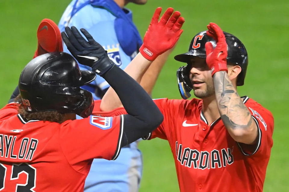 Sep 11, 2025; Cleveland, Ohio, USA; Cleveland Guardians right fielder CJ Kayfus (63) celebrates his two-run home run with catcher Bo Naylor (23) in the eighth inning against the Kansas City Royals at Progressive Field. Mandatory Credit: David Richard-Imagn Images