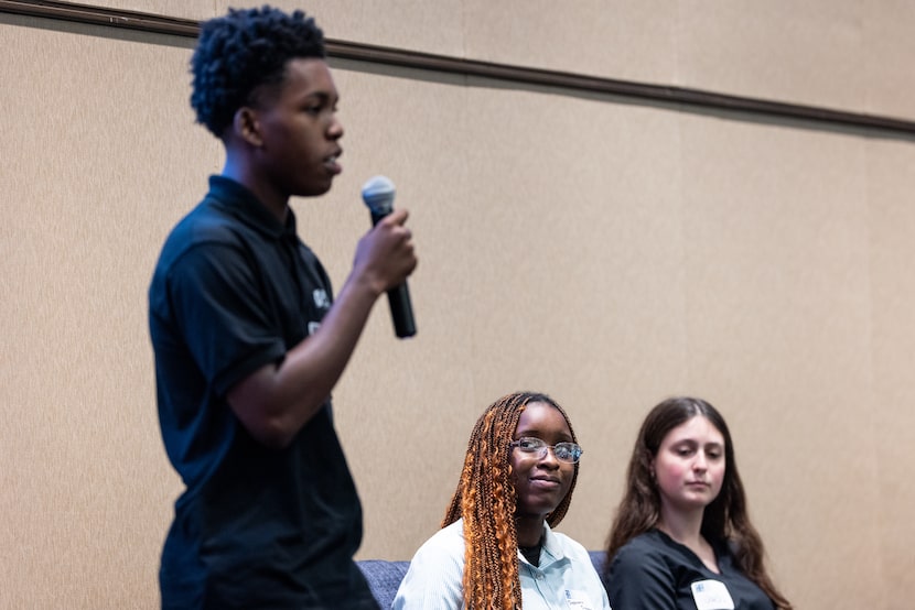 Elijah Armstrong, of Juan Seguin High School and Tarrant County College, speaks during a...