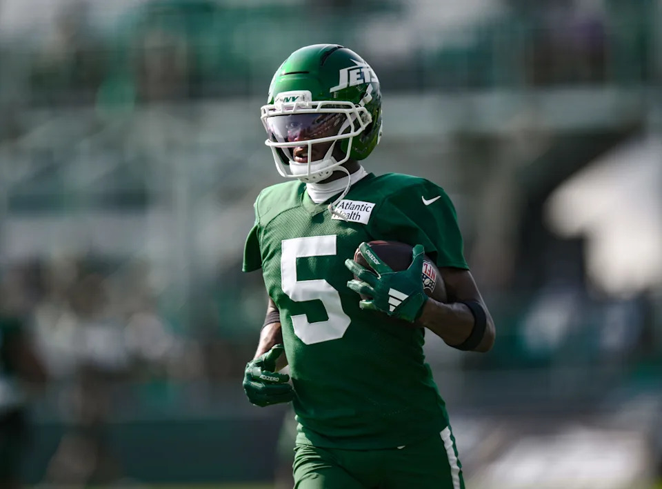Jul 25, 2025; Florham Park, NJ, USA; New York Jets wide receiver Garrett Wilson (5) participates in a drill during training camp at Atlantic Health Jets Training Center. Mandatory Credit: John Jones-Imagn Images