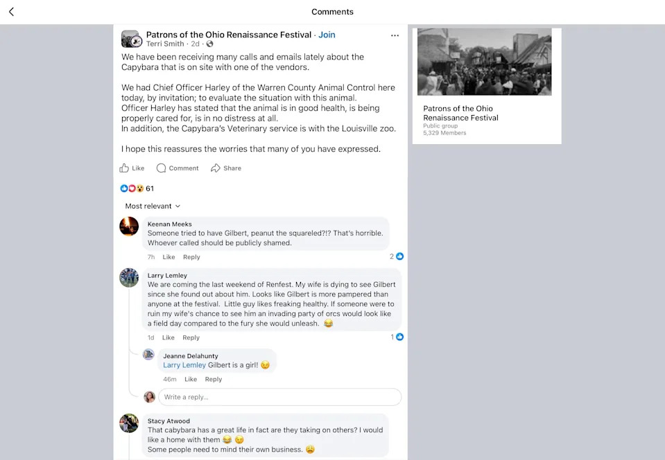 A post on Patrons of the Ohio Renaissance Festival Facebook page explained how the festival operators have investigated concerns for a capybara with Warren County Animal Control.