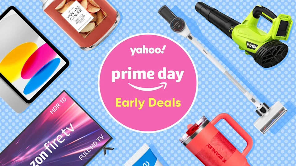 Assorted products from Amazon against a blue background, with a badge that says: Yahoo! Prime Day Early Deals
