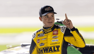 DEWALT Toyota driver Christopher Bell (20) celebrates winning the NASCAR Cup Series EchoPark Automotive Grand Prix at Circuit of the Americas on Sunday, March 2, 2025 in Austin.