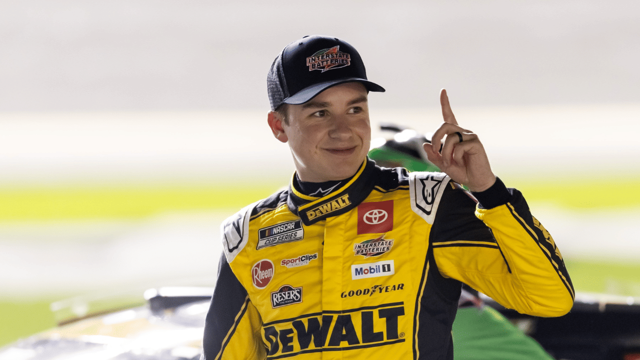 DEWALT Toyota driver Christopher Bell (20) celebrates winning the NASCAR Cup Series EchoPark Automotive Grand Prix at Circuit of the Americas on Sunday, March 2, 2025 in Austin.