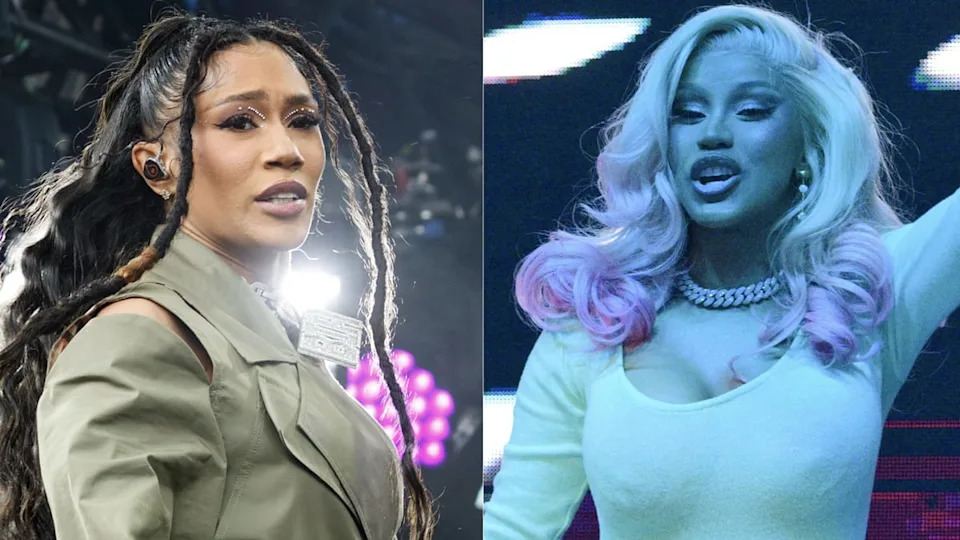 Bia performing on stage with long braided hair, wearing a stylish green outfit. Cardi B at another performance, hair styled in loose curls, wearing a fitted dress