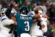 Philadelphia Eagles linebacker Nolan Smith Jr. (3) hits Dallas Cowboys quarterback Dak...