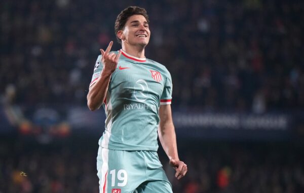 PRAGUE, CZECH REPUBLIC - NOVEMBER 26: Julian Alvarez of Atletico de Madrid celebrates scoring his team's first goal during the UEFA Champions League 2024/25 League Phase MD5 match between AC Sparta Praha and Atletico de Madrid at Letna Stadium on November 26, 2024 in Prague, Czech Republic. (Photo by Gabriel Kuchta - UEFA/UEFA via Getty Images)
