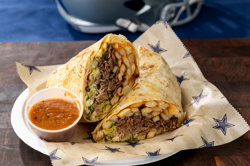 The Texas Burrito, a new food item for the 2025 NFL season at AT&T Stadium, features a...