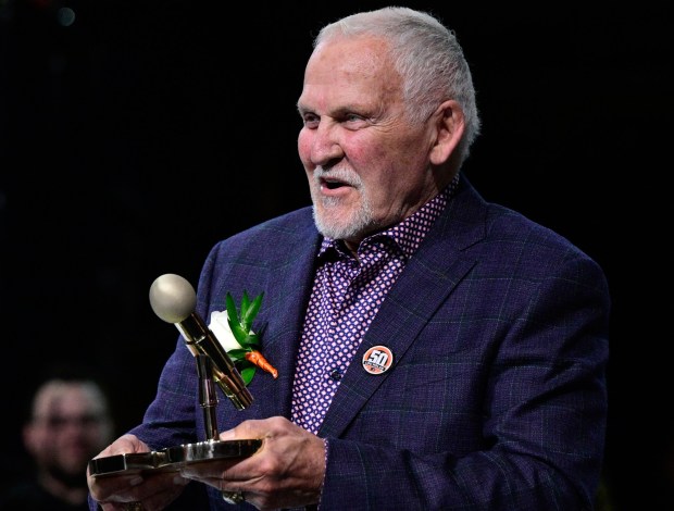 Former Flyers goalie Bernie Parent during a ceremony for public address announcer Lou Nolan prior to an NHL hockey game against the Anaheim Ducks, Saturday, April 9, 2022, in Philadelphia. (AP Photo/Derik Hamilton)