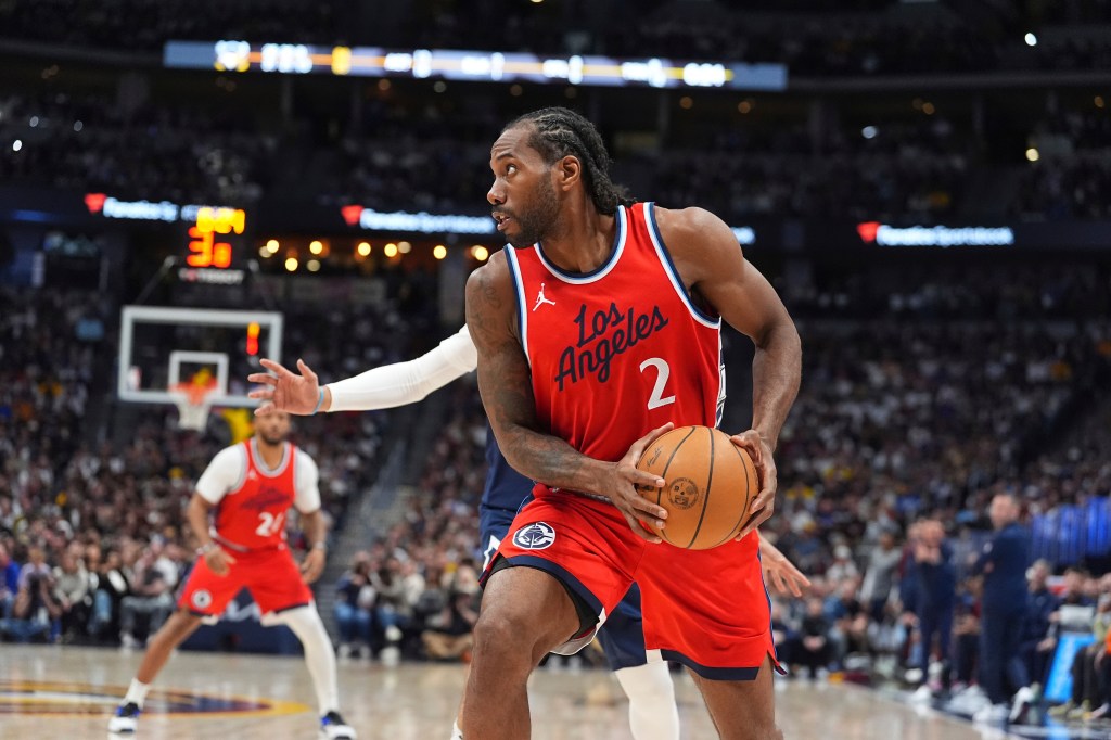 Los Angeles Clippers forward Kawhi Leonard (2) in the second half of Game 2 of a first-round NBA playoff series April 21, 2025, in Denver. 