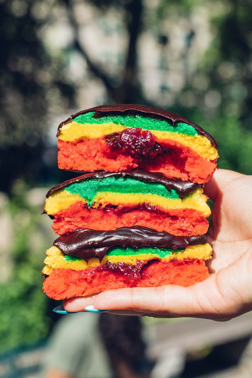 Chip City Cookies' Italian Rainbow Cookie is an almond cookie with raspberry jam. On top is...