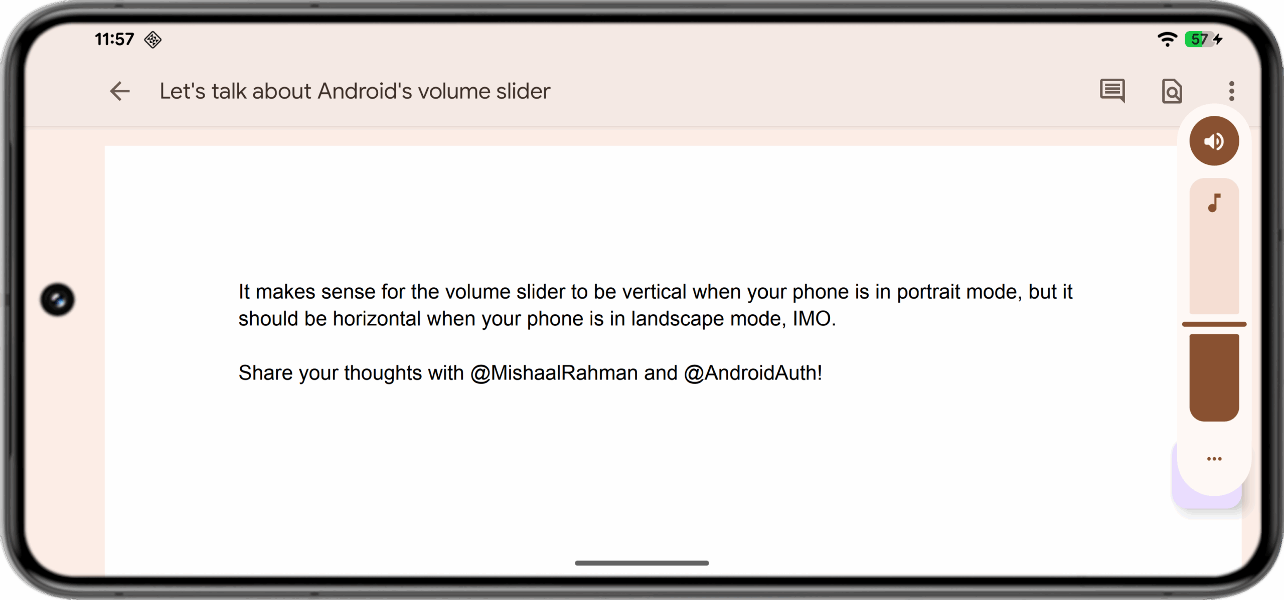 Android vertical volume slider in landscape mode
