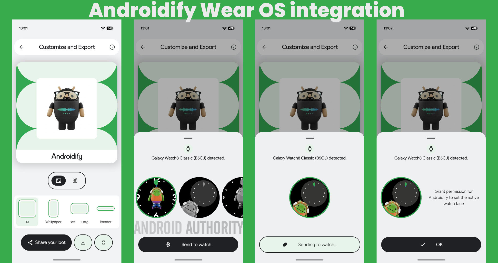 Androidify Wear OS integration screenshots
