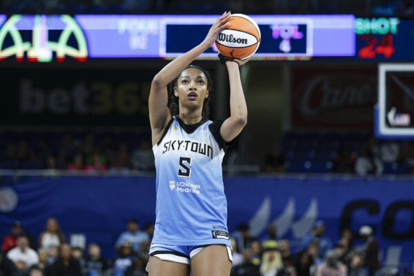 Chicago Sky forward Angel Reese (5) shoots a free throw against the Connecticut Sun during the second half at Wintrust Arena.