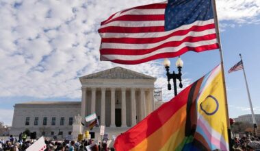 Transgender rights supporters rally outside of the Supreme Court