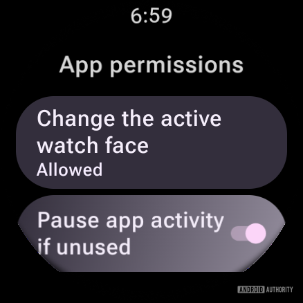 App permissions screen for Watch Face Push in Wear OS 6