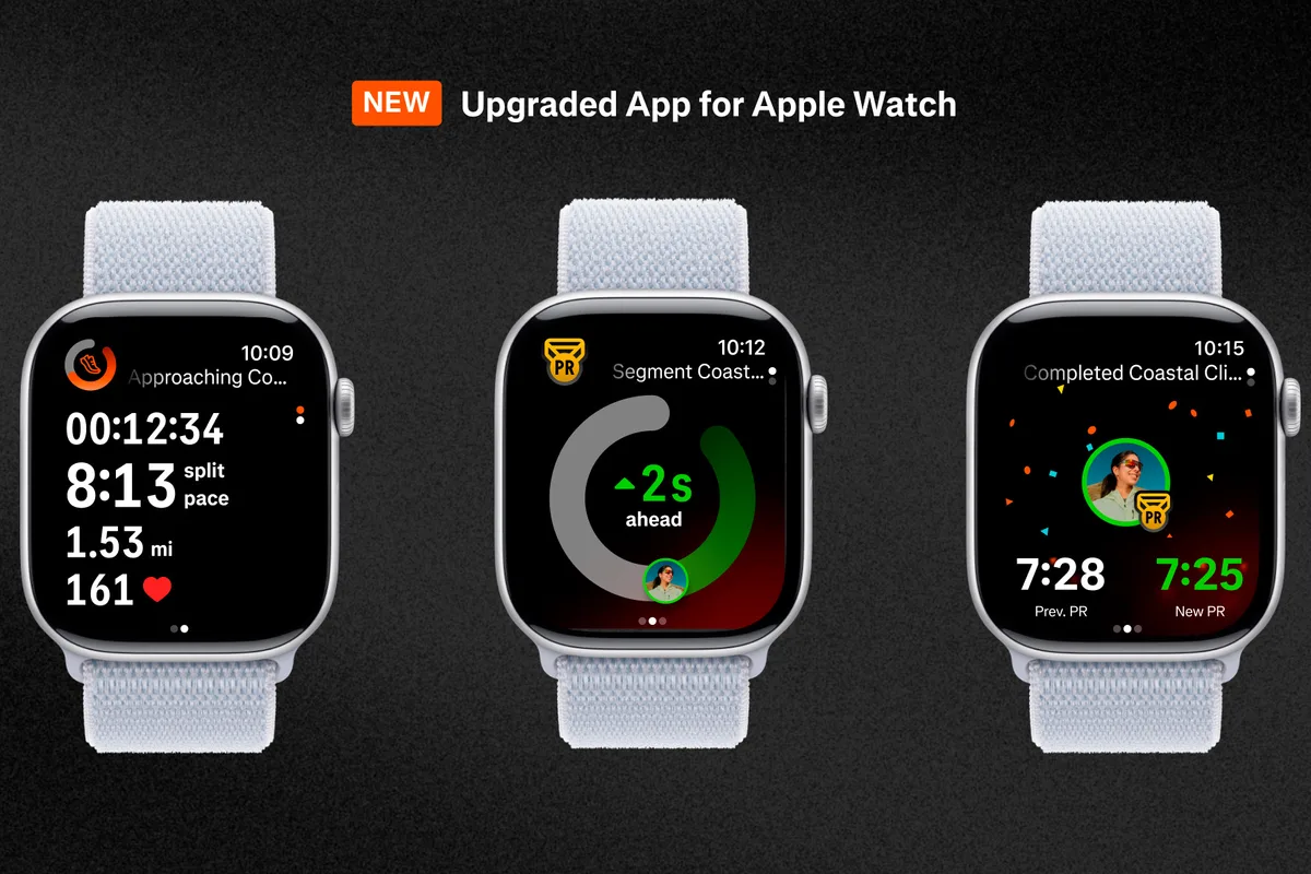 Graphic showing screens of Strava Apple Watch app.
