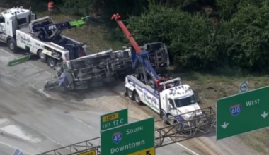 Truck hauling gravel overturns in crash, shutting down westbound lanes of I-610 at I-45