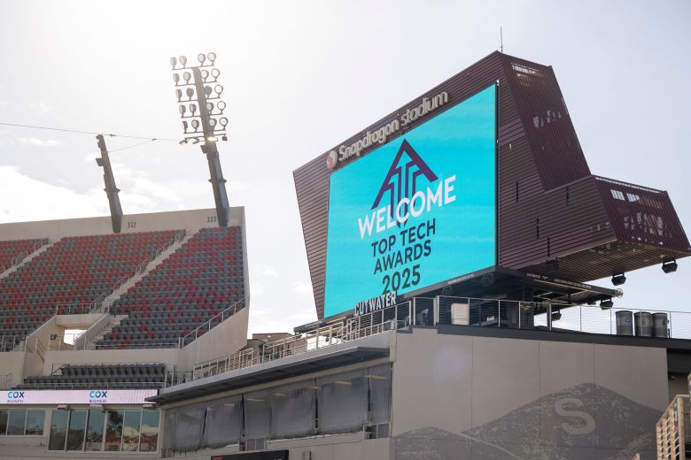 A digital display at Snapdragon Stadium that says, "2025 Top Tech Awards." (Photo courtesy Cox Business)