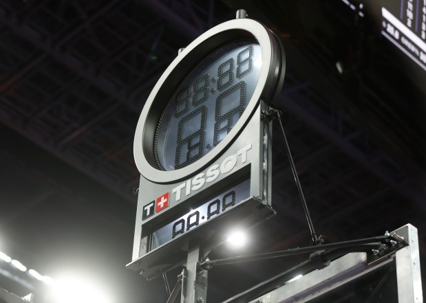 A broken shot clock above a basket during the Golden State Valkyries game against the Indiana Fever in the second quarter at the Chase Center in San Francisco, Calif., on Sunday, Aug. 31, 2025. (Nhat V. Meyer/Bay Area News Group)