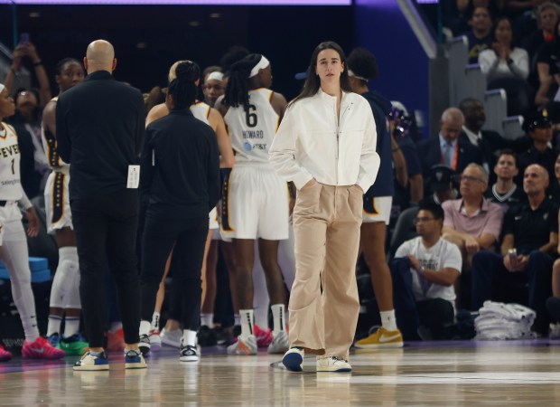 Indiana Fever's Caitlin Clark (22) waits for the start of their game against the Golden State Valkyries in the first quarter at the Chase Center in San Francisco, Calif., on Sunday, Aug. 31, 2025. (Nhat V. Meyer/Bay Area News Group)