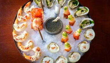 The Grande Plateau, a collection of raw and chilled seafood, including Sweet Amalia Oysters, Jersey Dug Clams, Royal Red Shrimp Cocktail, Scarlet Crab Claws, Chilled Lobster, and Vineyard Bay Scallops. at Little Water, a new Rittenhouse restaurant, in Philadelphia, October 8, 2024.