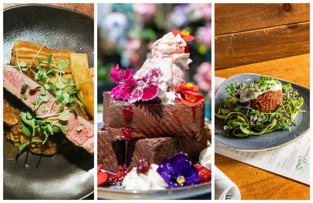 Dishes featuring microgreens and edible flowers grown at Closed Loop Farms include (from left): tatsoi microgreens and steak at CMB Catering; cherry French toast at the Londonhouse; and a Scotch egg with trout at The Dearborn.
