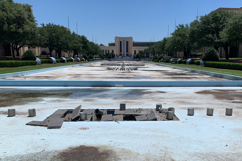 Fair Park’s Esplanade Fountain, redone in 2009 for $13 million, photographed in May. Park...