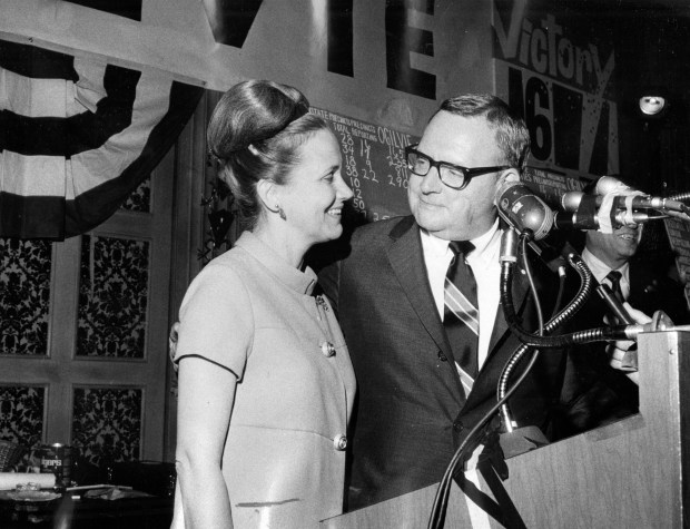 Dorothy and Richard Ogilvie appear on Election Day, Nov. 5, 1968 and celebrate Richard's Illinois gubernatorial victory at the Bismarck Hotel. (Walter Neal/Chicago Tribune)