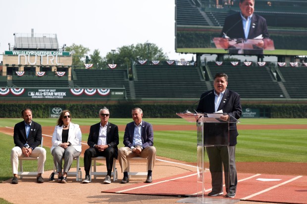 Gov. J.B. Pritzker speaks during a ceremony announcing Wrigley Field will host the 2027 All-Star Game on Aug. 1, 2025. (Eileen T. Meslar/Chicago Tribune)
