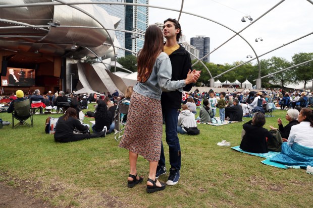 Clare Michalik and Ryan LeBuhn dance to music by Patricia Barber at the Chicago Jazz Festival in Millennium Park on Aug. 29, 2025. (Terrence Antonio James/Chicago Tribune)