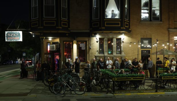 Festival attendees wait in line to hear Jeff Parker Expansion Trio perform at Beat Kitchen during the Sound & Gravity music festival, Sept. 12, 2025, in Chicago. (John J. Kim/Chicago Tribune)