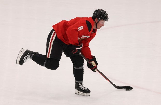 Center Ryan Donato (8) practices Thursday, Sept. 18, 2025, as the Chicago Blackhawks begin training camp at Fifth Third Arena. (Brian Cassella/Chicago Tribune)