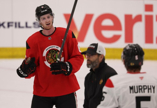 Defenseman Sam Rinzel (6) practices Thursday, Sept. 18, 2025, as the Chicago Blackhawks begin training camp at Fifth Third Arena. (Brian Cassella/Chicago Tribune)