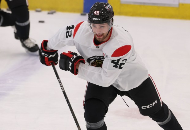 Defenseman Nolan Allan (42) practices Thursday, Sept. 18, 2025, as the Chicago Blackhawks begin training camp at Fifth Third Arena. (Brian Cassella/Chicago Tribune)