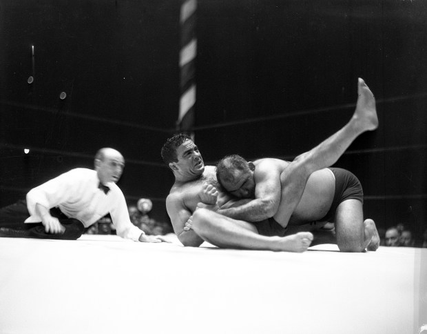 Jim Londos vs. Ed "Strangler" Lewis in front of an audience of 35,275 at Wrigley Field on Sept. 20, 1934. It was called the match of the century. (Chicago Tribune historical photo)