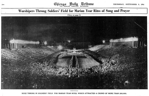 Archdiocese of Chicago Cardinal Samuel Stritch presided in a Mass at Soldier Field on Sept. 8, 1954 that included singing, prayer and thousands of late arrivals due to traffic jams. (Chicago Tribune)