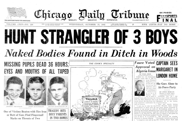 On Oct. 16, 1955, Robert Peterson, 14, and John Schuessler, 13, took the bus from their Jefferson Park neighborhood to a Loop theater to see a Disney matinee, "The African Lion." They let John's 11-year-old brother, Anton, tag along. Hitchhiking was a rite of passage at the time and somebody around Milwaukee Avenue later identified as Kenneth Hansen offered them a ride. The boys were never seen alive again. Two days later, their bodies were discovered in Robinson's Woods. (Chicago Tribune)