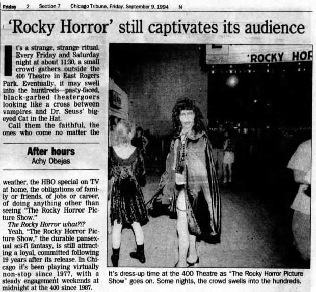 Almost two decades after the movie premiered, "The Rocky Horror Picture Show" was still attracting fans to the 400 Theater, 6746 N. Sheridan Road, Chicago. (Chicago Tribune)