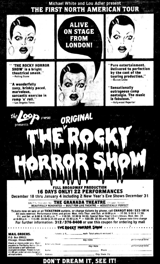 The live stage version of "The Rocky Horror Picture Show," which debuted in London in 1973, premiered on Dec. 18, 1980 at the Granada Theater, 6427 N. Sheridan Road. (Chicago Tribune)