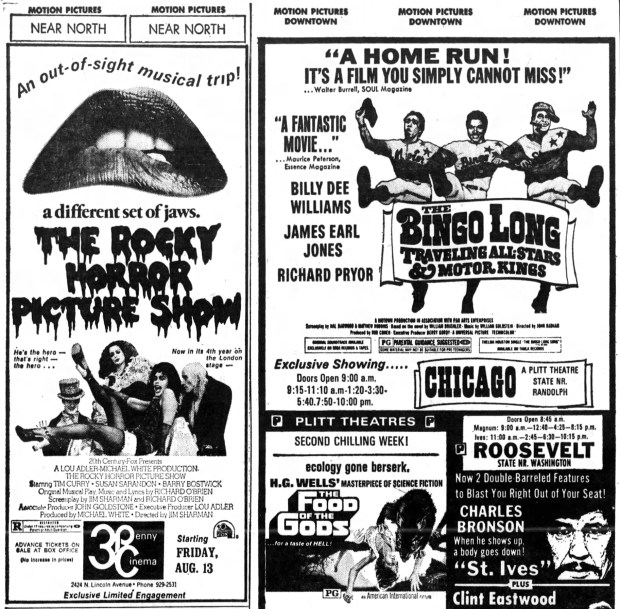 Almost one year after its 1975 theatrical release, "The Rocky Horror Picture Show" reappeared on a local screen. Three Penny Cinema, 2424 N. Lincoln Ave., Chicago, began showing the movie on Aug. 3, 1976, according to the Tribune's movie listings. (Chicago Tribune)