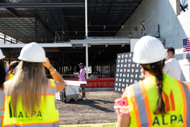 Chicago Sky co-owner and operating chairman Nadia Rawlinson speaks as the team marks a construction milestone on their new practice facility Wednesday, Sept. 17, 2025, at the Wintrust Sports Complex in Bedford Park. (Brian Cassella/Chicago Tribune)