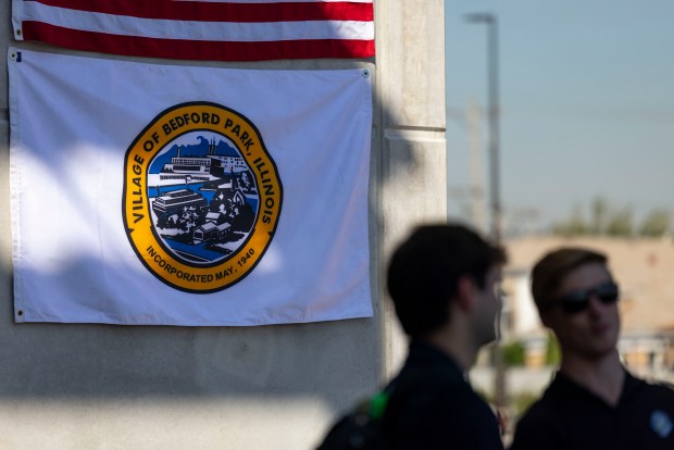 A Bedford Park village flag is posted as construction continues on a new practice facility for the Chicago Sky on Wednesday, Sept. 17, 2025, at the Wintrust Sports Complex. (Brian Cassella/Chicago Tribune)