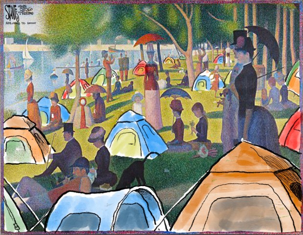 Scott Stantis editorial cartoon on tent encampments in Chicago parks for Sunday, Sept. 14, 2025. (Scott Stantis/For the Chicago Tribune)