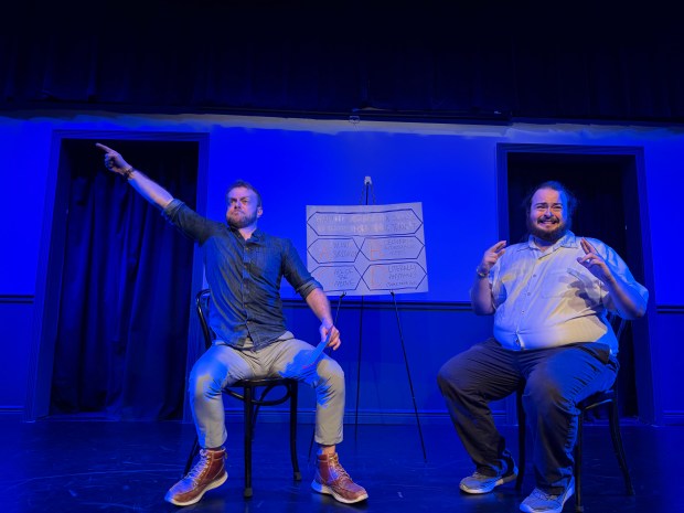From left: Joe Boersma and Zach Masso perform a game show sketch about transit funding in "Save Chicago Transit: The Comedy Show." (Kyle Lucas)